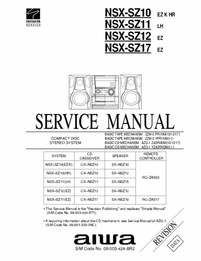 Aiwa NSX-SZ10 NSX-SZ11 NSX-SZ12 NSX-SZ17 Manual Service CD Stereo System - Type EZ, K, HR, LH - Tape mech. ZZM2 PR1NM, ZZM2 YPR1NM, AZG-1 ZA3RNDM, AZG-1 YZA3RNDM - (11.664Kb) pag. 44
